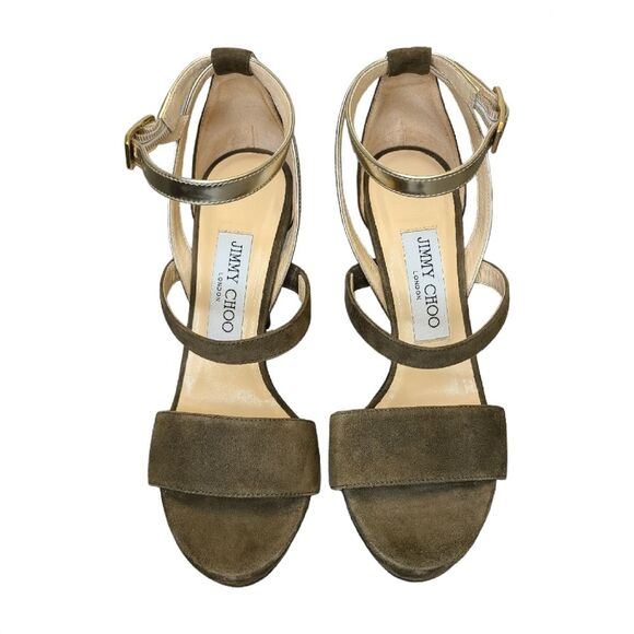 Jimmy Choo Green Suede Sandals Strappy Metallic Ankle Strap Platform Heels 36.5 - Picture 7 of 16